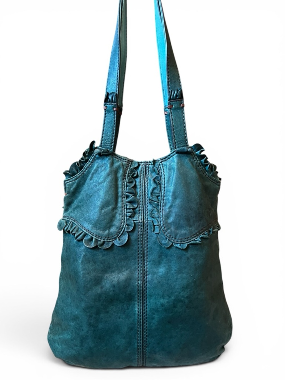 Lucky Brand Rocken Ruffles Teal Italian Leather Hobo Shoulder Bag